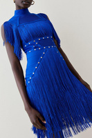 Бандажное мини-платье с заклепками и бахромой Karen Millen, синий