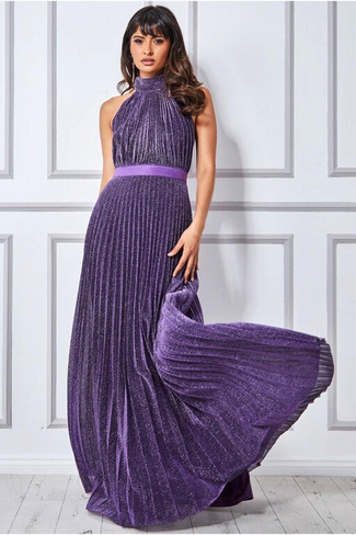 Плиссированное платье макси с воротником-халтер и люрексом Goddiva, фиолетовый