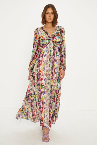 Плиссированное платье миди в полоску с цветочным принтом и эффектом металлик Oasis, мультиколор
