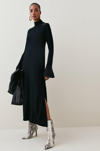 Трикотажное платье макси из мериносовой шерсти и шелковых манжет Karen Millen, черный