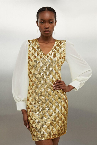Трикотажное платье с прозрачными рукавами и украшением из смеси вискозы Karen Millen, золото
