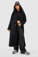 Длинное двубортное шерстяное пальто с поясом boohoo, черный