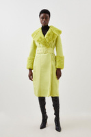 Длинное пальто с поясом и воротником из искусственной овчины и манжетами Karen Millen, зеленый