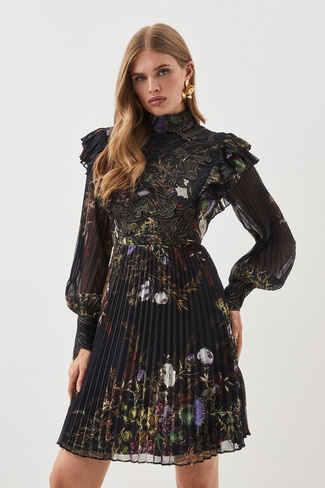Миниатюрное плиссированное тканое платье-миди с кружевной аппликацией и цветочной аппликацией Karen Millen, черный