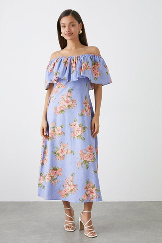 Миниатюрное синее платье миди с открытыми плечами и цветочным принтом Dorothy Perkins, синий