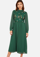 Yumi Зеленое плиссированное платье миди с длинными рукавами и вышивкой