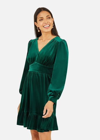 Mela Зеленое бархатное платье с плиссированной юбкой с длинными рукавами Apple