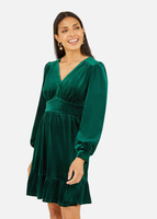 Mela Зеленое бархатное платье с плиссированной юбкой с длинными рукавами Apple